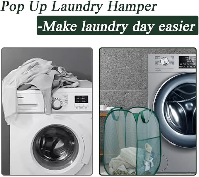 Pop Up Laundry Hamper, Reinforced Mesh Laundry Basket, Folding Clothes Storage Bin for Home, Dorm, Apartments, Travel (Green, Vertical)