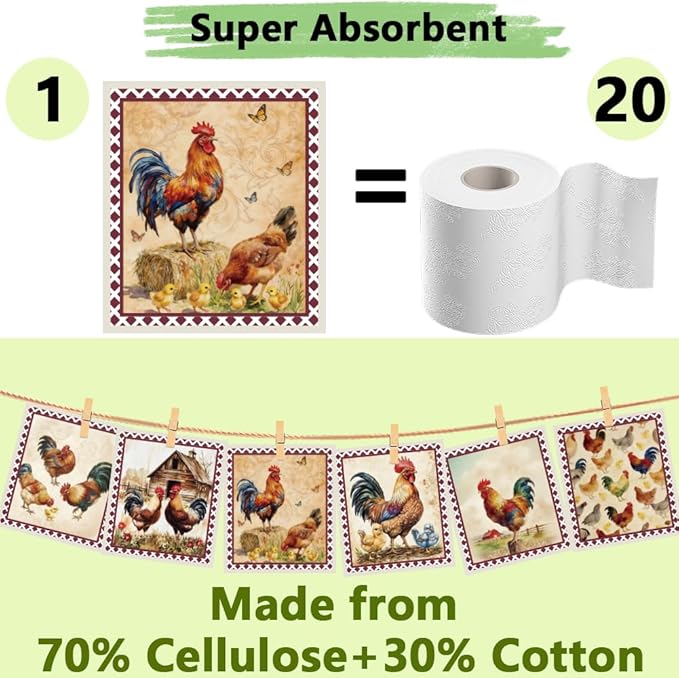 6Pcs 6 Styles Swedish Dish Cloths for Kitchen Reusable Quick Drying Sponge 7.7 x 6.8 Inch Rooster Chicken Dish Cloths Biodegradable Absorbent Towels for Home Office Countertop Tableware Use