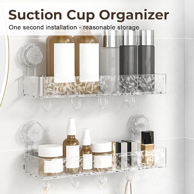 PVZXR Corrugated Suction Cup Storage Holder, 2026 New Movable Shower Shelf Suction Cup,Shower Caddy Large Capacity Bathroom Organizer,No-Drill Wall-Mounted Storage Shelf (2PCS Clear)