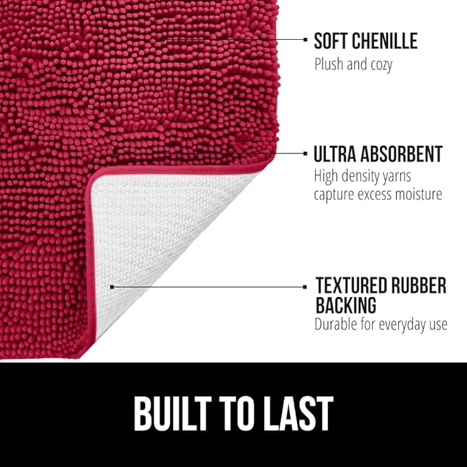 GORILLA GRIP Plush Absorbent Shaggy Chenille Bath Rug Mat for Square Toilet Base with Rubber Backing, Machine Washable Rugs, Soft Microfiber Contour Mats for Toilets, Bathroom Decor, Red
