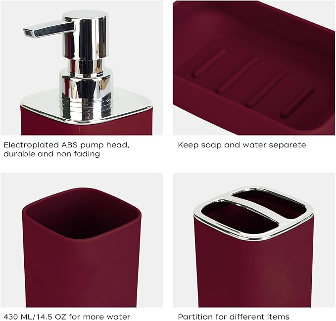 4Pack Bathroom Accessories Set, Bohemian Bathroom Sink Set, Contain Soap Dispenser, Toothbrush Holder, Soap Dish & Mouthwash Cup,Square soap and Toothbrush Holder Set