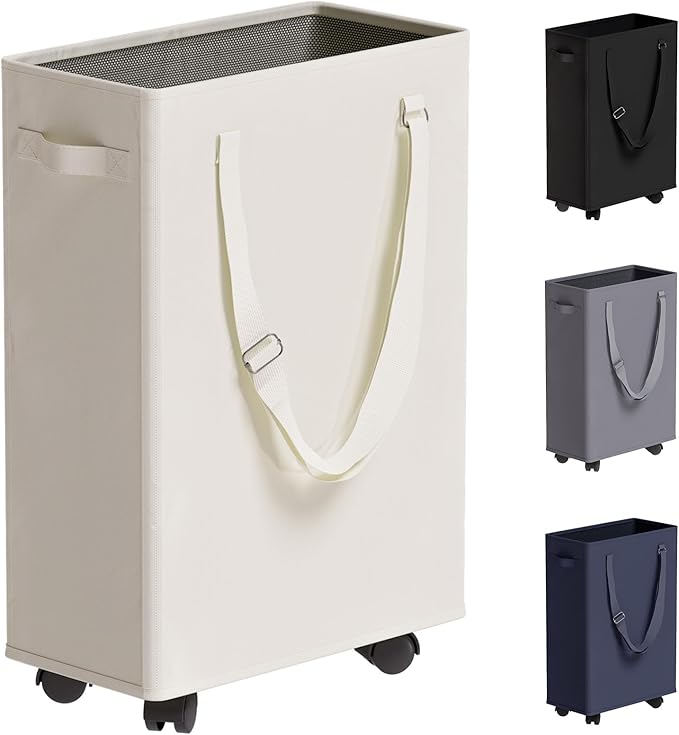 Slim Rolling Laundry Basket, Slim Laundry Hamper with Wheels and Adjustable Long Handles, 45L Small Laundry Baskets with Mesh Top for Bedroom, Closet, and Bathroom - Beige