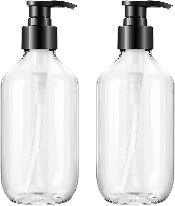 Teyssor Pump Bottle Dispenser Clear 2 Pack 400ml/13.5oz Empty Plastic Liquid Soap Dispensers, BPA-Free Refillable Container for Essential Oil Shampoo Lotion
