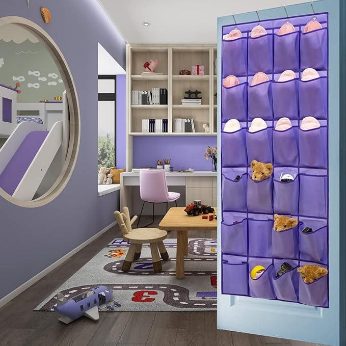 ANIZER Over The Door Hanging Shoe Organizer Shoe Rack Hanger 24 Large Fabric Pockets Holder with 4 Sturdy Hooks (PURPLE)
