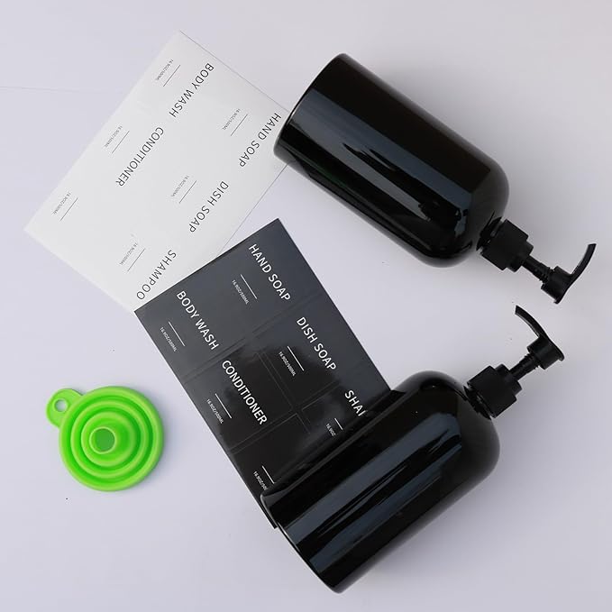 Soap Dispenser with Waterproof Labels, Thickened Plastic Hand Soap Dispenser for Bathroom, Kitchen Dish Washing Liquid Bottles, Shampoo and Conditioner Bottles (16.9 oz, Set of 2, Black)