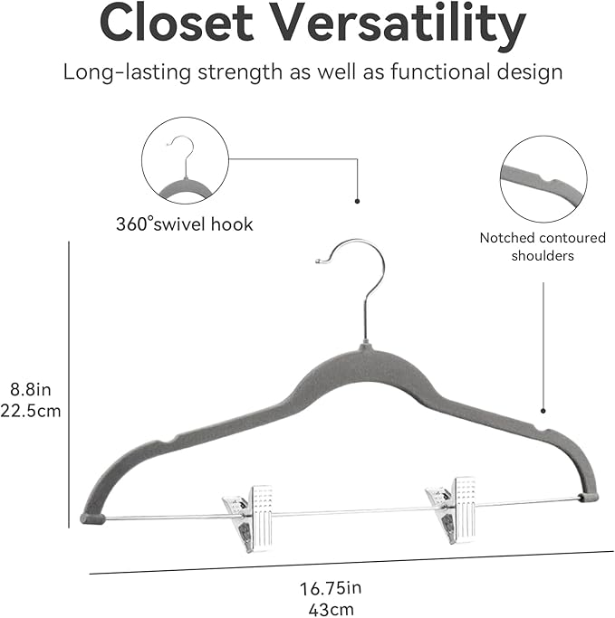Velvet Pants Hangers Pack of 24, Non-Slip Skirt Clothes Trousers Hangers with Adjustable Clips, 360 ° Swivel Hooks Grey/Silver