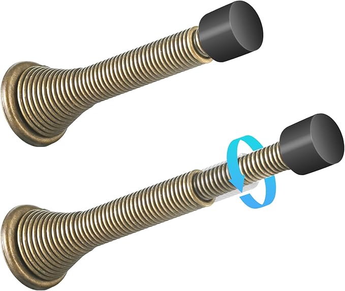 HOMOTEK 4 Pack Telescoping Spring Door Stoppers, Extended from 3-1/8 to 4-1/4 inches Wall Mount Extra Long Door Stops- Flexible Spring Doorstops Wall Protector (Antique Brass)