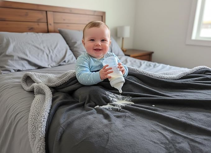 Waterproof King Size Blanket - Sherpa Fleece Reversible Throw, Soft Warm Leak-Proof Bed & Couch Protector for Kids, Pets & Everyday Spills(Charcoal Grey/Silver Grey, King 90x108)