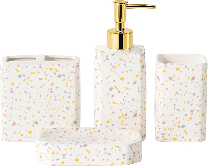 4 Piece Bathroom Accessories Set - Modern Terrazzo Pattern Includes Lotion Dispenser, Toothbrush Holder Tumbler, and Soap Dish - Glossy Finish