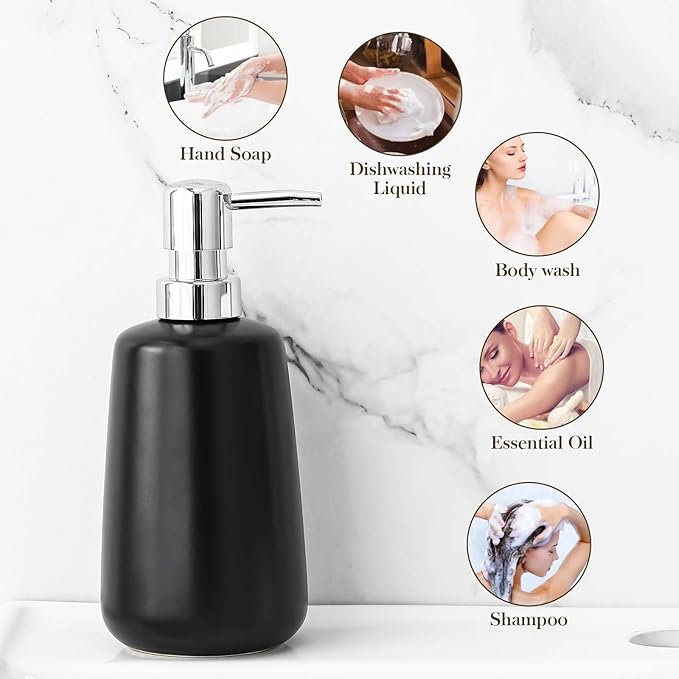 MALACASA Ceramic Bathroom Accessories Sets, 4 PCS,Soap Dispenser, Toothbrush Holder, Toothbrush Cup and Soap Dish, Durable Bathroom Sink Set for Modern Home Decor,Gift Set, Black