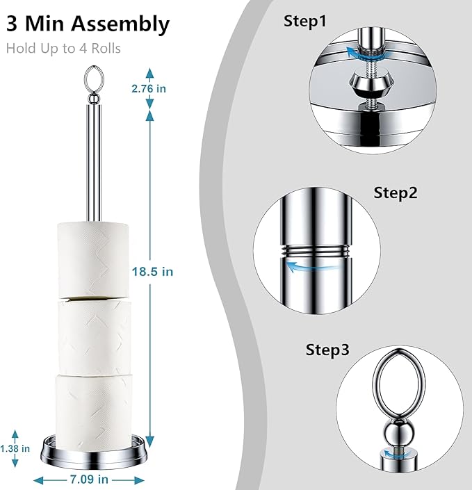 ROLABAM Toilet Paper Holder Stand with Reserve Function, Free Standing Toilet Paper Holder for Bathroom, Space Toilet 4 Rolls Toilet Paper Storage 22.5" Height (2 Pack, Chrome)