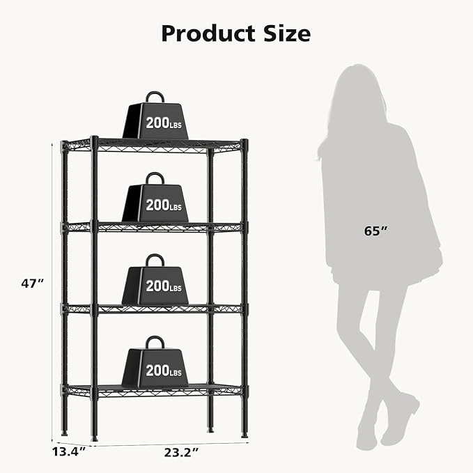 DUMOS 4-Tier Metal Wire Storage Shelves, Adjustable Standing Storage Rack Shelf, Heavy Duty Steel Shelving Unit Organizers for Kitchen Bathroom Pantry Garage, 23.2" W×13.4" D×47.2" H, Black