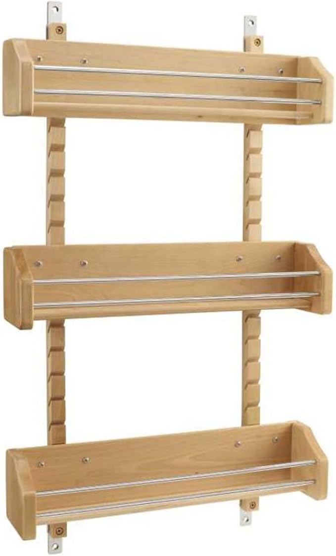 Rev-A-Shelf Wall Storage Organizer for Kitchen Cabinets, Door-Mounted Spice Rack with 3 Adjustable Shelves, Maple Wood, 4ASR-21