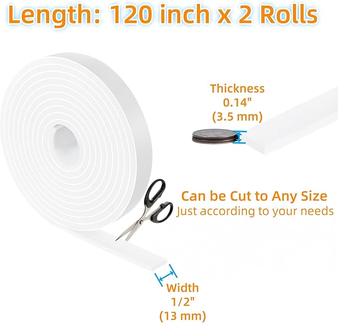 Furnigear Felt Strips with Adhesive Backing Heavy Duty Cuttable Felt Tape Roll Furniture Pads for Chair Legs - Protecting Hardwood Floors, Chair Wall Protector (White, 120 x 0.5 x 0.14 Inch)