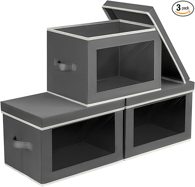 Storage Bins with Lids - Small Fabric Organizers with Window, Collapsible Storage Bins for Clothes, Decorative Closet Organizers for Towels, Tshirt, 3 Pack, Dark Grey