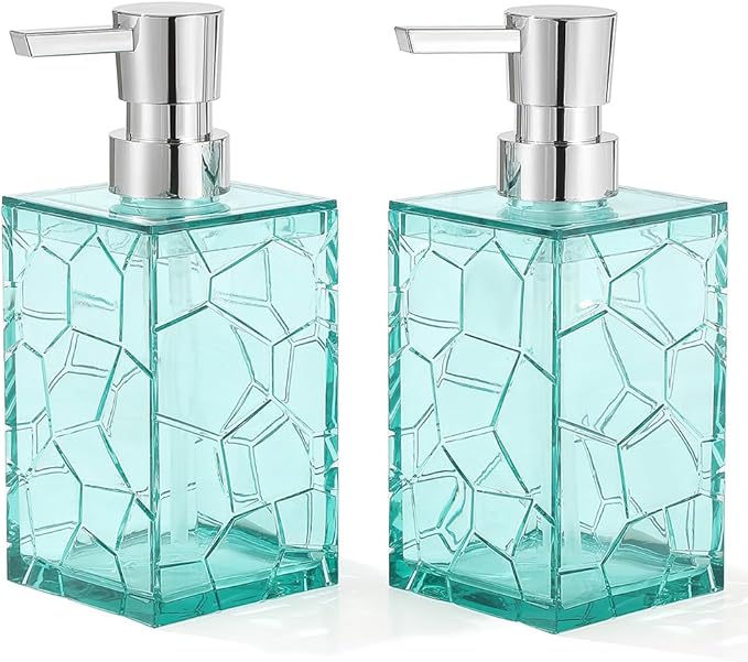2 Pack Clear Teal Blue Rust Proof Soap Dispenser, Acrylic Plastic Hand Soap Lotion Dispenser Set for Bathroom&Kitchen