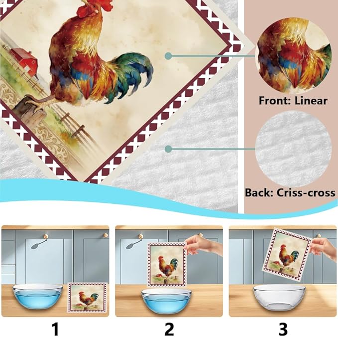 6Pcs 6 Styles Swedish Dish Cloths for Kitchen Reusable Quick Drying Sponge 7.7 x 6.8 Inch Rooster Chicken Dish Cloths Biodegradable Absorbent Towels for Home Office Countertop Tableware Use