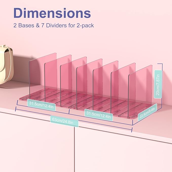 Purse Organizer for Closet: Shelf Dividers Adjustable Acrylic Bag Closet Organizers and Storage Pink 4 Bases 14 Shelves