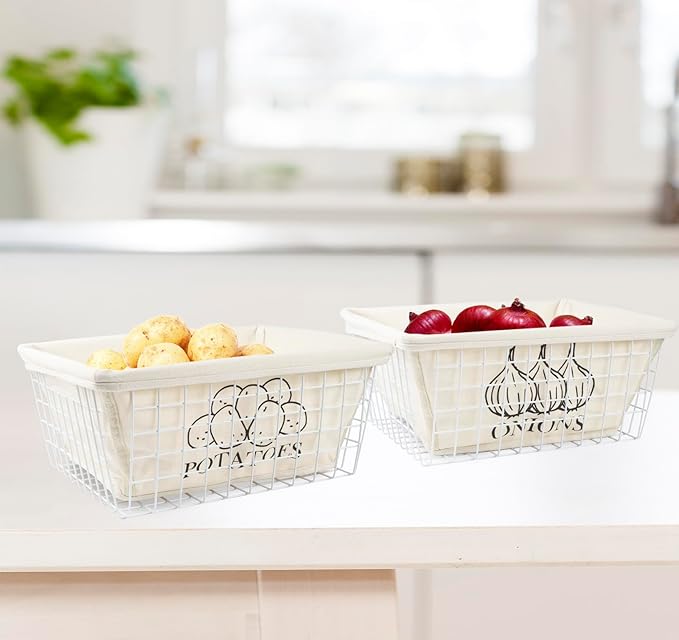 2 Set Metal Wire Baskets with Cotton Lining, Potato Bin Onion Container, Produce Fruit Veg Organizing Bin for Kitchen Storage - White