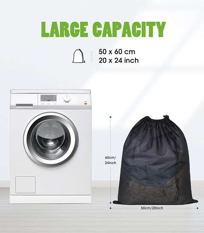 OTraki 20x24 inch Mesh Laundry Bags 2 Pack Fine Mesh Heavy Duty Drawstring Bag Washable Medium Toy Sack Washing Bag for Home Dorm Hotel Camp Beach Travel Storage Don't Drying, Melting 140-176℉ Black