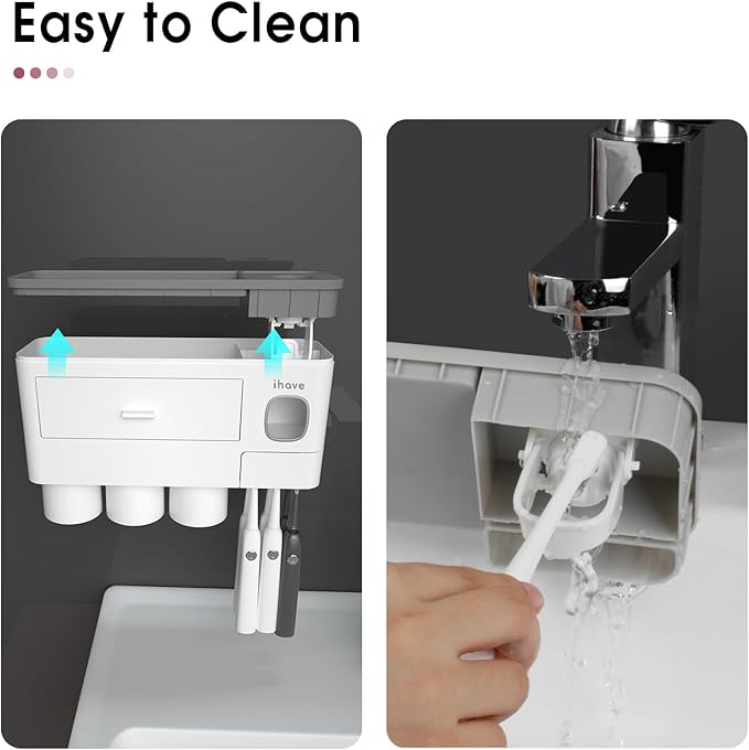iHave Toothbrush Holders for Bathrooms, 3 Cups Toothbrush Holder Wall Mounted with Toothpaste Dispenser - Large Capacity Tray, Cosmetic Drawer - Bathroom Accessories & Bathroom Organization Storage