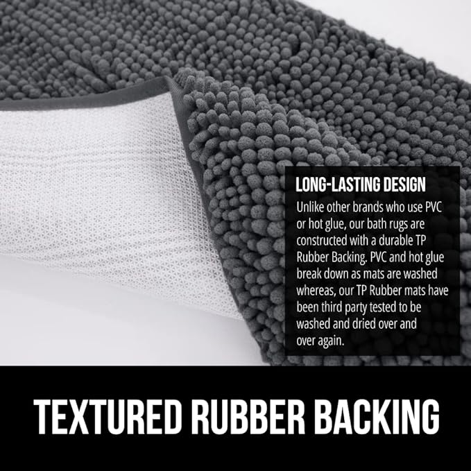 GORILLA GRIP Bath Rug Mat, Thick Soft Absorbent Chenille, Quick Dry Microfiber Mats, Rubber Backing Washable Shower Floor Rugs, US Designed Bathroom Bathmat Home Decor Accessories, 24x17, Charcoal