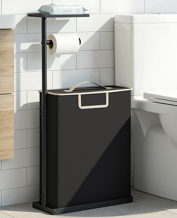 SOLEDI Freestanding Toilet Paper Holder Stand,Bathroom Toilet Paper Storage Organizer with Lid for up to 12 Rolls,Featuring Shelf and Sturdy Metal Base,Black