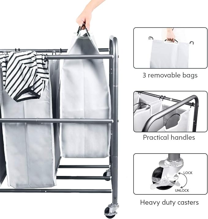 ROMOON Laundry Sorter Hamper 3 Section, Divided Laundry Basket Organizer with Heavy Duty Lockable Wheels and Removable Bags, Rolling Clothes Hamper for Apartment, Dorm & Family (130L Neutral Gray)