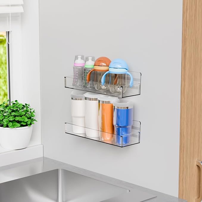 Yieach 4 Pack Acrylic Spice Shelf and Hanging Spice Rack Wall Mount with Adhesive for Inside Cabinets Door,Pantry Door,Kitchen and Rv,Narrow Stick on Spice Organization for Seasoning,Jar,Can Shelf