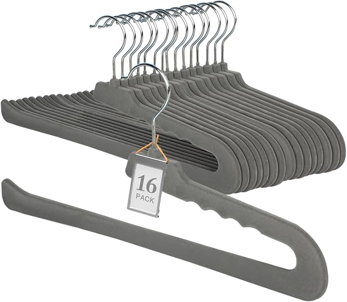 Velvet Pant Hangers Open End, 16 Pack Non Slip Non Crease Felt Slack/Jeans Trouser Hangers,Slim & Sleek Heavy Duty Space Saving Closet Hanger with 360° Swivel Hook (Gray)