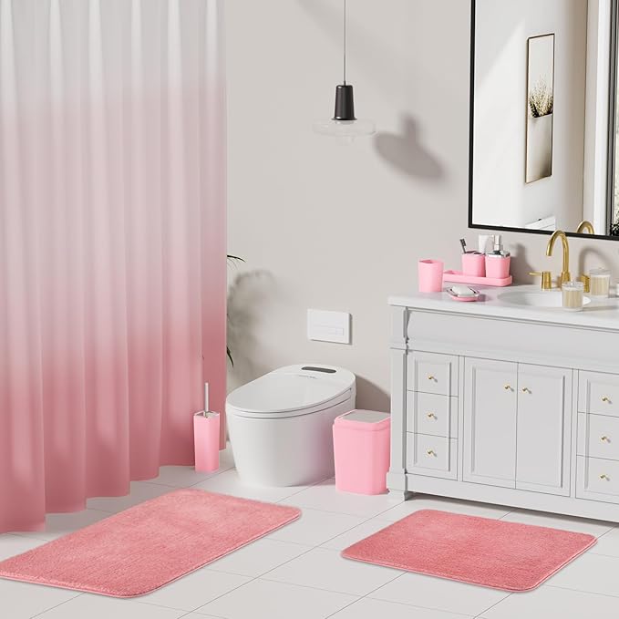 Bathroom Accessory Set–Bathroom Sets with Shower Curtain and Rugs, Non Slip Bathroom Rugs Super Absorbent, Pink Ombre Waterproof Shower Curtain with Hooks, Pink Bathroom Sets Complete for Home