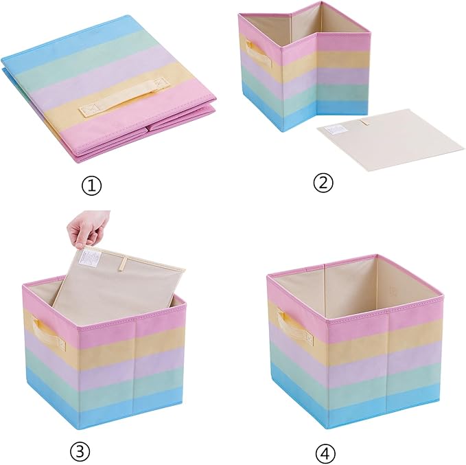 11 Inch Fabric Collapsible Storage Cubes,3 Pack Rainbow Colored Closet Storage Bins with 2 Handles Foldable Cube Baskets for Organizing Clothes, Toys, Books