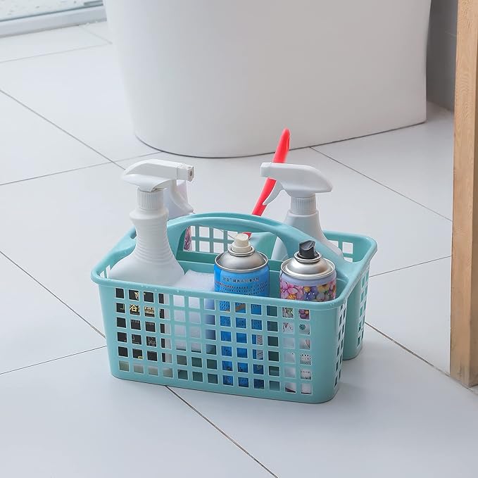 Portable Shower Caddy Basket with Compartments Cleaning Supplies Organizer with Handle Plastic Storage Divided Tool Bin for Bathroom, Bedroom, Kitchen, College Dorm, Garden, Under Sink, Light Blue
