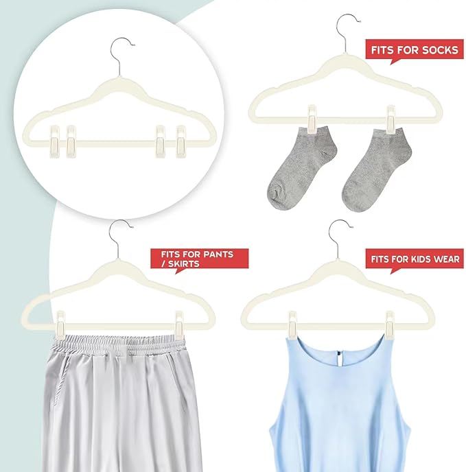 Tinfol Velvet Hanger Clips 80Pack, Ivory Pants Velvet Clips, Clothes Pin Hanger Clip, Strong Finger Flocked Clip Perfect for Slim-line Clothes Velvet Hangers
