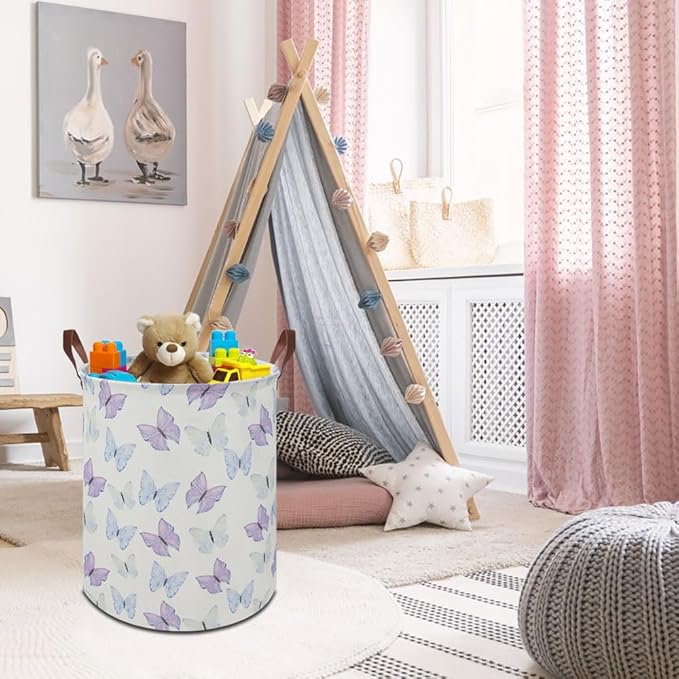 19.7" Butterfly Laundry Basket,Kids Dirty Clothes Hamper,Waterproof Toys Storage Bin,Room Decor,Gift Baskets,Baby Nursery Hamper(Blue & Purple Butterfly)