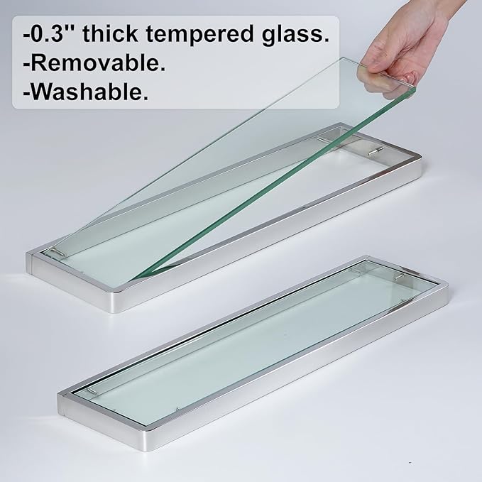 SFGSOWOR 20IN Bathroom Shelves/Shelf Glass Wall Mount Floating Shelves for Bathroom Tempered Glass Rectangular 1 Tier Organizer Wall Shelf (Chrome Polished, 20'')