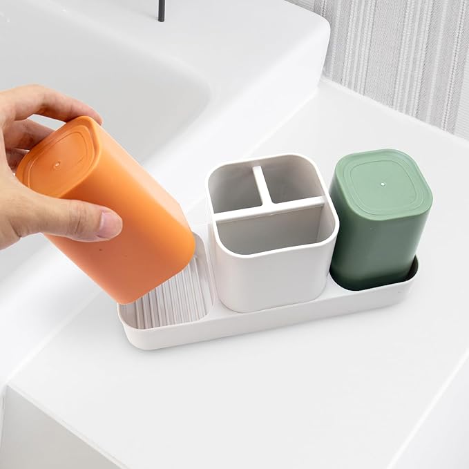 Toothbrush Holder for Bathroom, Bathroom Organizer Storage Set with 2 Cups, Kids Electric Toothbrush Holder, Bathroom Accessories Storage for Toothpaste