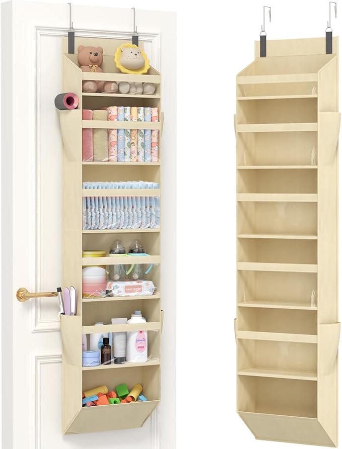 Lifewit 1 Pack Over the Door Organizer, Clear Window Hanging Storage with 4 Mesh Side Pockets, Anti Tilt 40 lbs Load Behind Door for Pantry, Nursery, Bathroom, Bedroom, Dorm, 6 Section, Beige