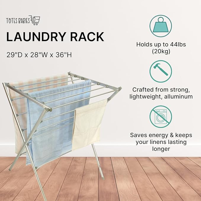 TOTES BABIES Premium Aluminum Foldable Laundry Rack for Air Drying Clothing, Towels and Linens, Easy Assembly, Energy Saving, 12 Rails, Conveniently 36 Inches Tall