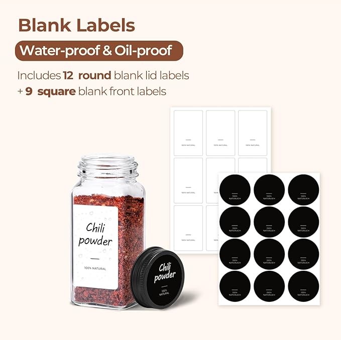 ComSaf 6Pcs 4oz Glass Spice Jars with Shaker Lids, 21 Labels, Spice Jars Trial Set & Supplement Set, Empty Spice Containers and Square Spice Bottles for Kitchen and Seasoning