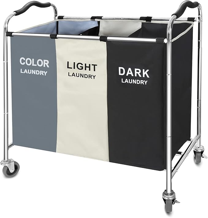 Laundry Basket with Wheels, 240l Laundry Hamper with 3 Section Laundry Bag for Dirty Clothes, Dorm Room Essentials, Towel Organization & Toys Storage Laundry Cart in Laundry Room Organization