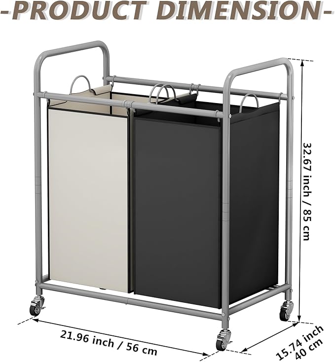 SUOERNUO Laundry Sorter Basket 2 Bag Laundry Hamper Cart with Rolling Lockable Wheels and Removable Bags Laundry Organizer Cart for Clothes Storage, Assorted