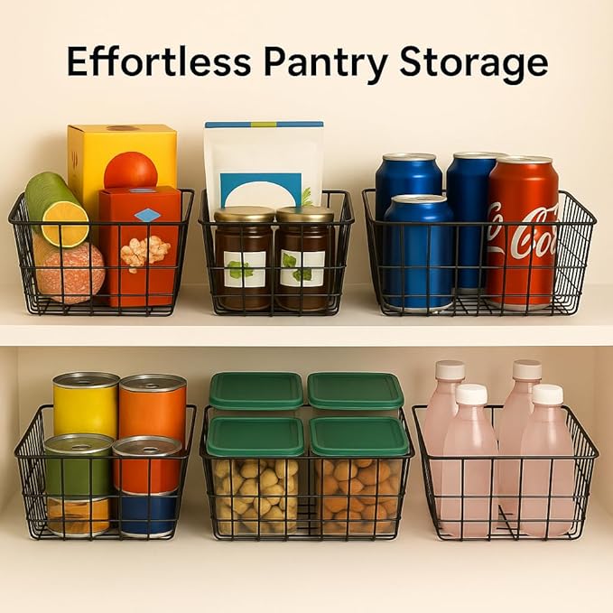 iSPECLE Wire Basket - 6 Pack Small Wire Storage Baskets Organizer Bins, Pantry Cabinet Shelf Kithen Storage Organization for Easily Get Items, Black
