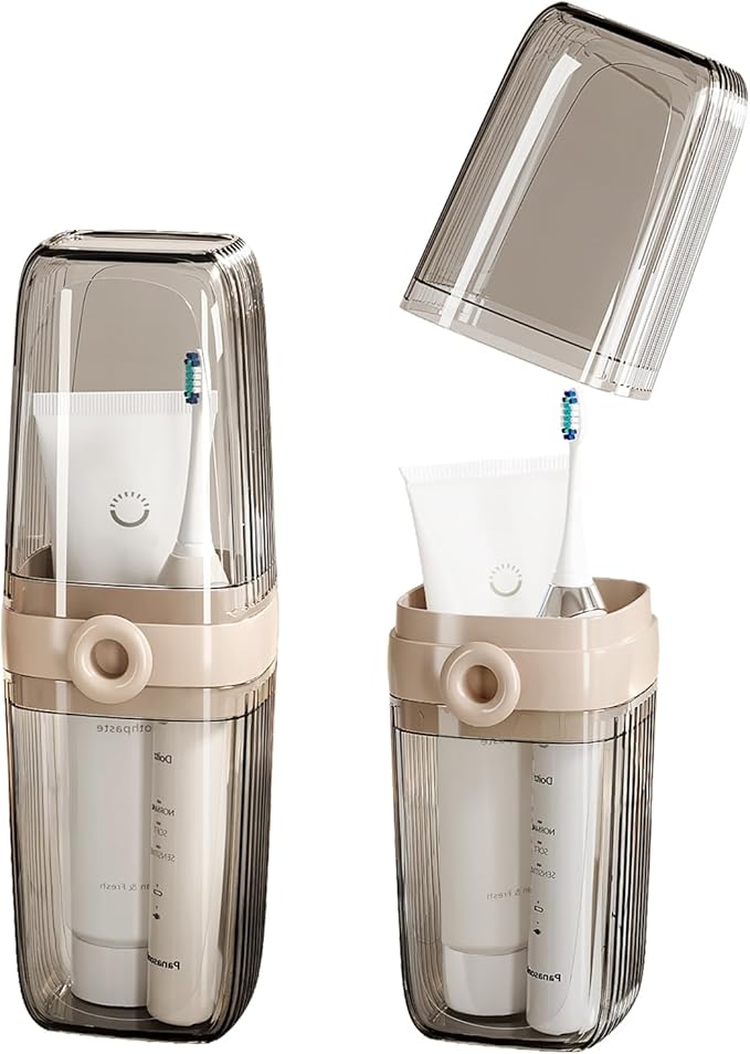 Topavatop Toothbrush Travel Case, 2 in 1 Toothbrush Holder and Rinse Cup, Large Capacity Toothbrush Cup with Cover, Portable Travel Toothbrush Holder for Traveling, Camping, Trip - 1Pcs - Beige&Clear