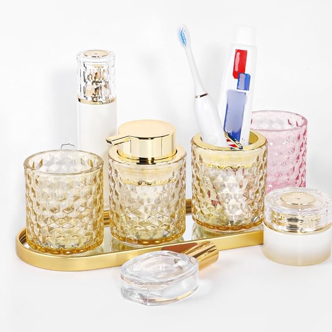 Bathroom Accessories Set, 3pcs Amber Glass Bathroom Accessory Set,Toothbrush Holder, Foaming Soap Dispenser and Tumbler, Gold Bathroom Decor Sets for Organizer, Home Apartment Gift
