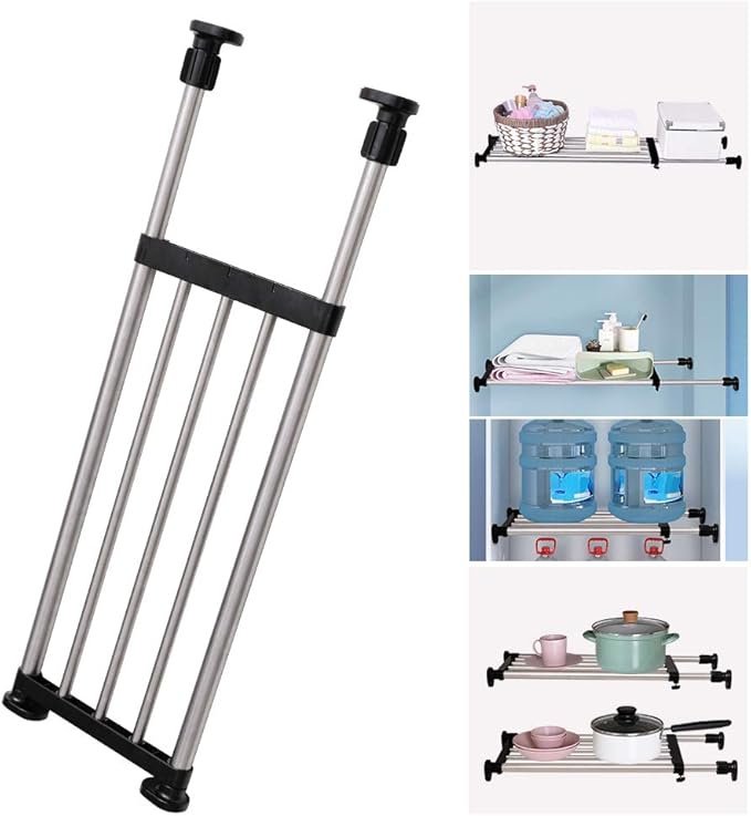 BAOYOUNI Expandable Shelf Closet Tension Rod Adjustable Shelving Unit Storage Rack Organizer Hanger Space Saving Divider for Wardrobe, Cupboard, Kitchen, Bathroom Use, Black