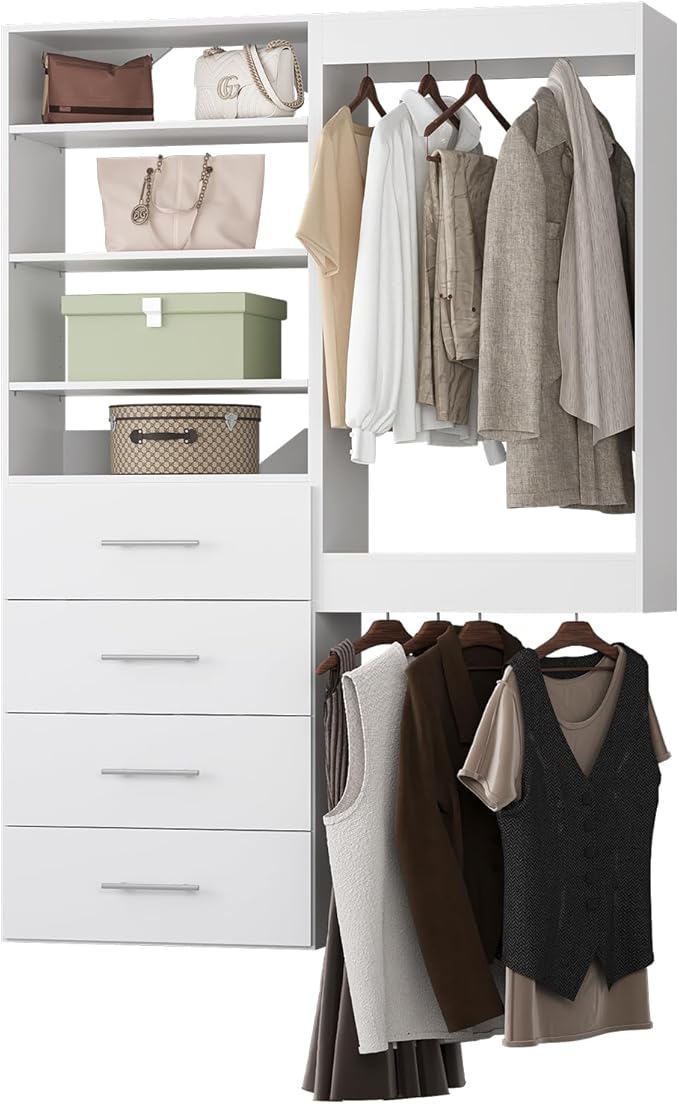 Modular Closet System, 67" Wide Closet Organizer System with Tower and Drawers, Wood Tower Closet Storage for Walk In Closets, Wall Mounted Wardrobe Organizer Kit System, Bedroom, White