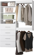 64" Wide Modular Closet Organizer With Tower and Drawers, Wood Storage for Walk In Closets, Wall Mounted Wardrobe Kit, Bedroom, White
