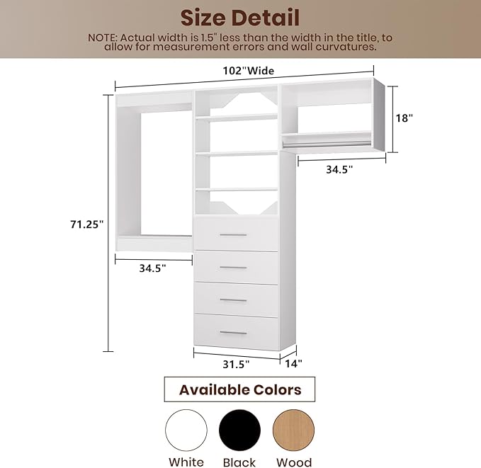ROOMTEC Modular Closet System, 102" Wall Mounted Closet Organizer with Hanging Rods and Drawers, Modern Wooden Tower for Walk-In Closets, Wardrobe Storage Kit, White