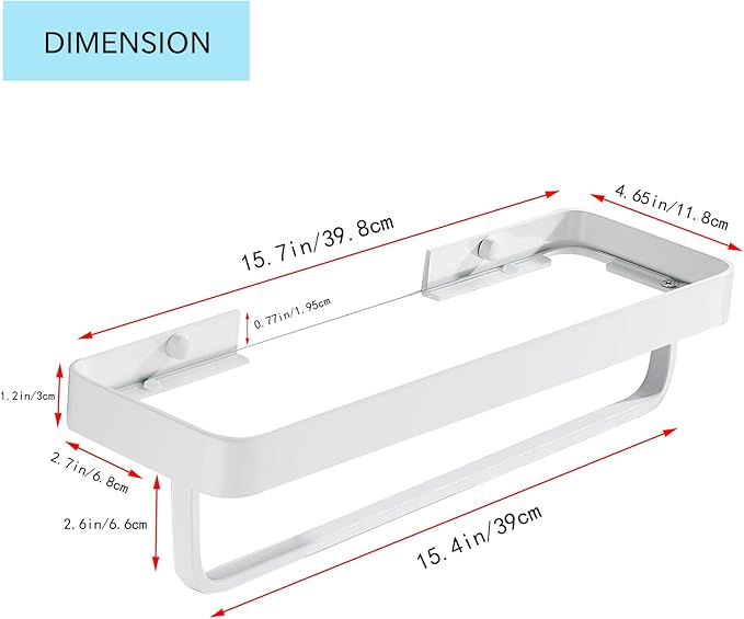 Bathroom Tempered Clear Glass Shelf with Towel Bar Wall Mounted 15.7 Inch Shower Organizer Modern Metal Kitchen Spice Decor Rack Over Toilet Storage Holder Rectangular Vanity White
